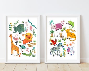 Jungle Art Print, Colorful Safari Animals, Collage Wall Art as Unique Playroom Decor, Set of 2 Framed Art Gift