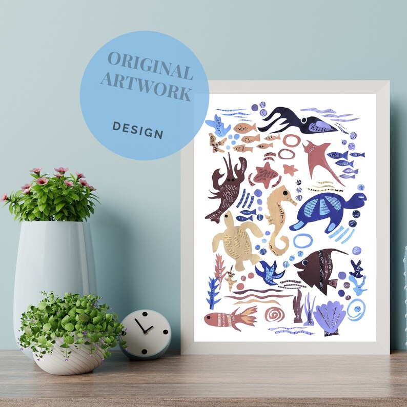 Sea Animal Wall Art Print, Sea Life Collage Artwork for a Nautical