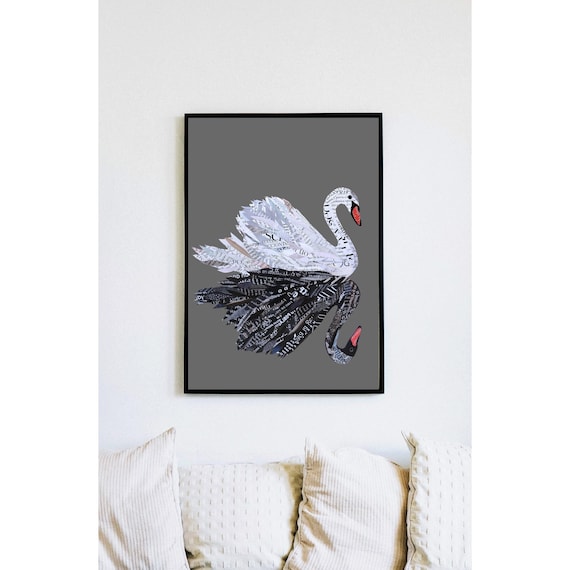 Swan Art Print, Black and White Bird Art from Unique Collage Artwork, Swans as Dark Romantic Art Gift