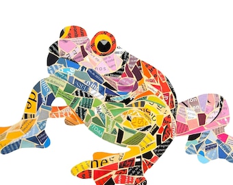 Frog Art Print, Colorful Gaudi Style Mosaic Wall Art, Unique Collage Frog Decor Gifts