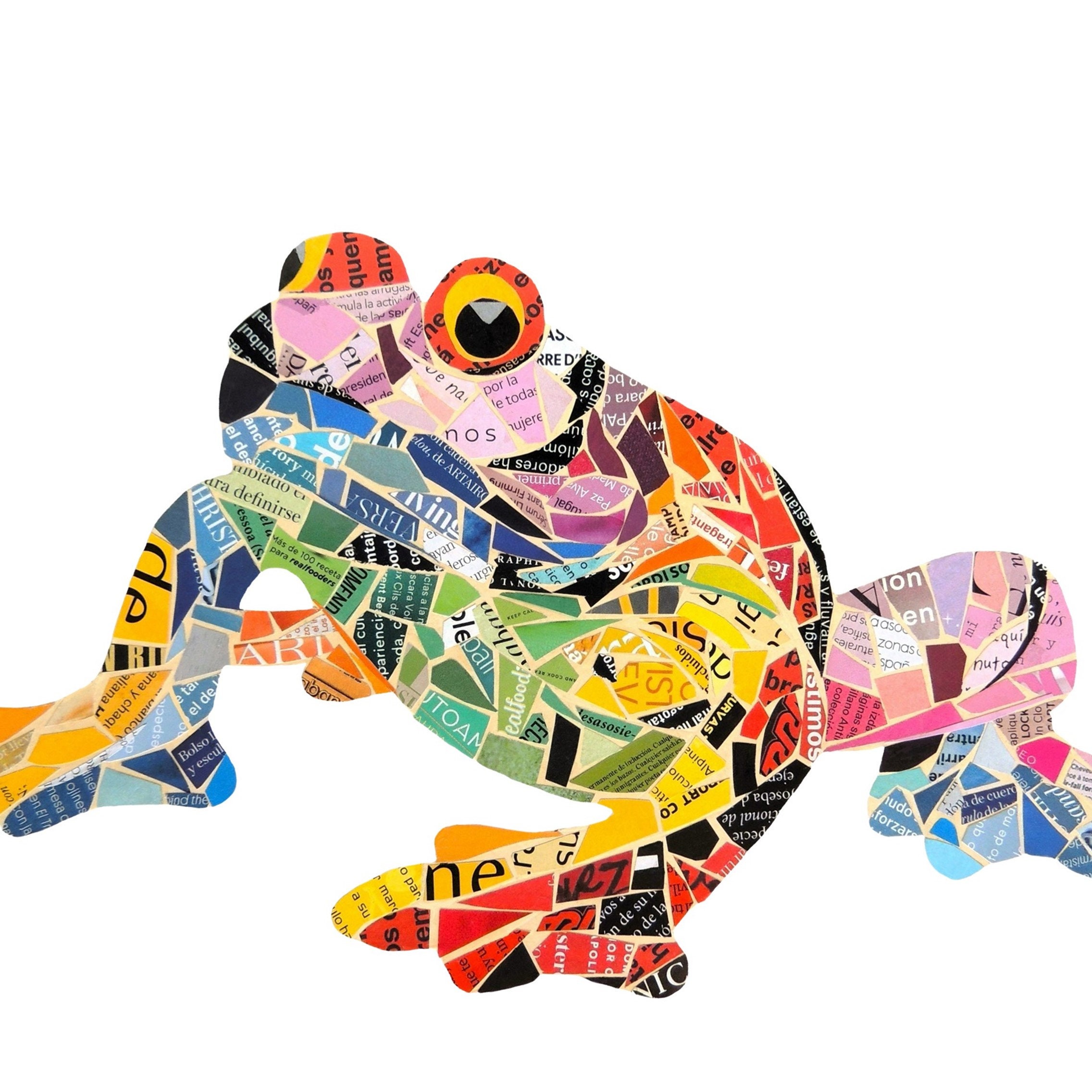 Kikkerkunstprint, kleurrijke mozaïekkunst aan de muur, unieke collagekikkerdecoratiecadeaus