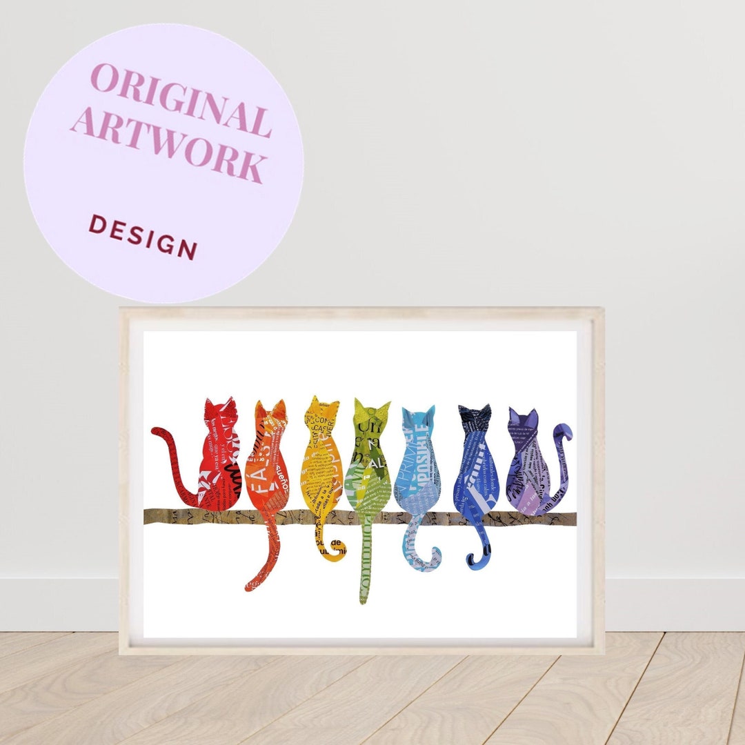 Cat Rainbow Decor Print, Colorful Wall Art From Unique Collage Artwork ...