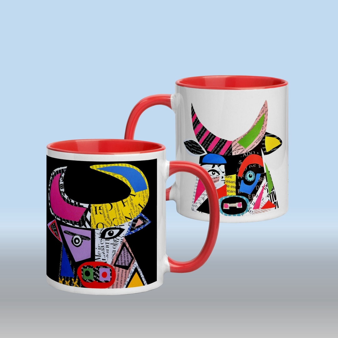 Handmade Cubism Bull Art Mug Set: Mid-century Modern Colorful Coffee ...
