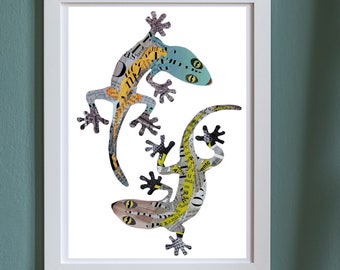 Reptielendecor, gekkohagedis van originele collagekunstafdrukken, rustiek en boerderijhuisdecoratie, luipaardgekko als reptielenliefhebber cadeaus