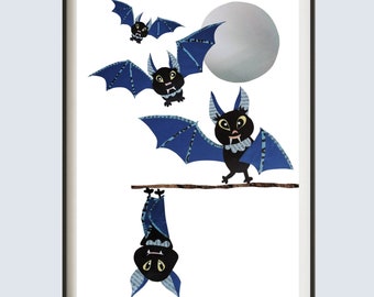Bat Art Decor | Cute Bat Print | Cute Halloween | Collage Artwork | Gothic Nursery Wall Art | Halloween Nursery