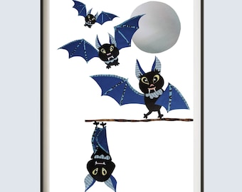 Decoración de murciélagos / Impresión de murciélagos lindos / Lindo Halloween / Arte de collage / Arte de pared gótico para guardería / Guardería de Halloween