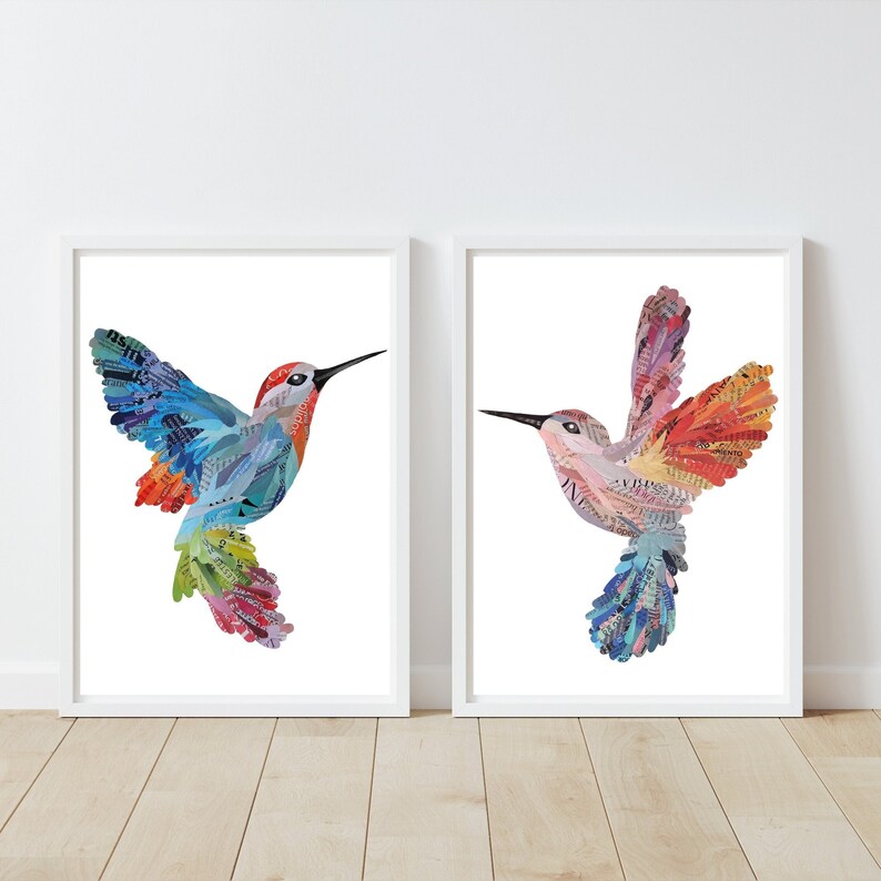 May include: Two framed prints of colorful hummingbirds made from paper scraps. The hummingbirds are in flight and have a variety of colors, including blue, red, green, and yellow.