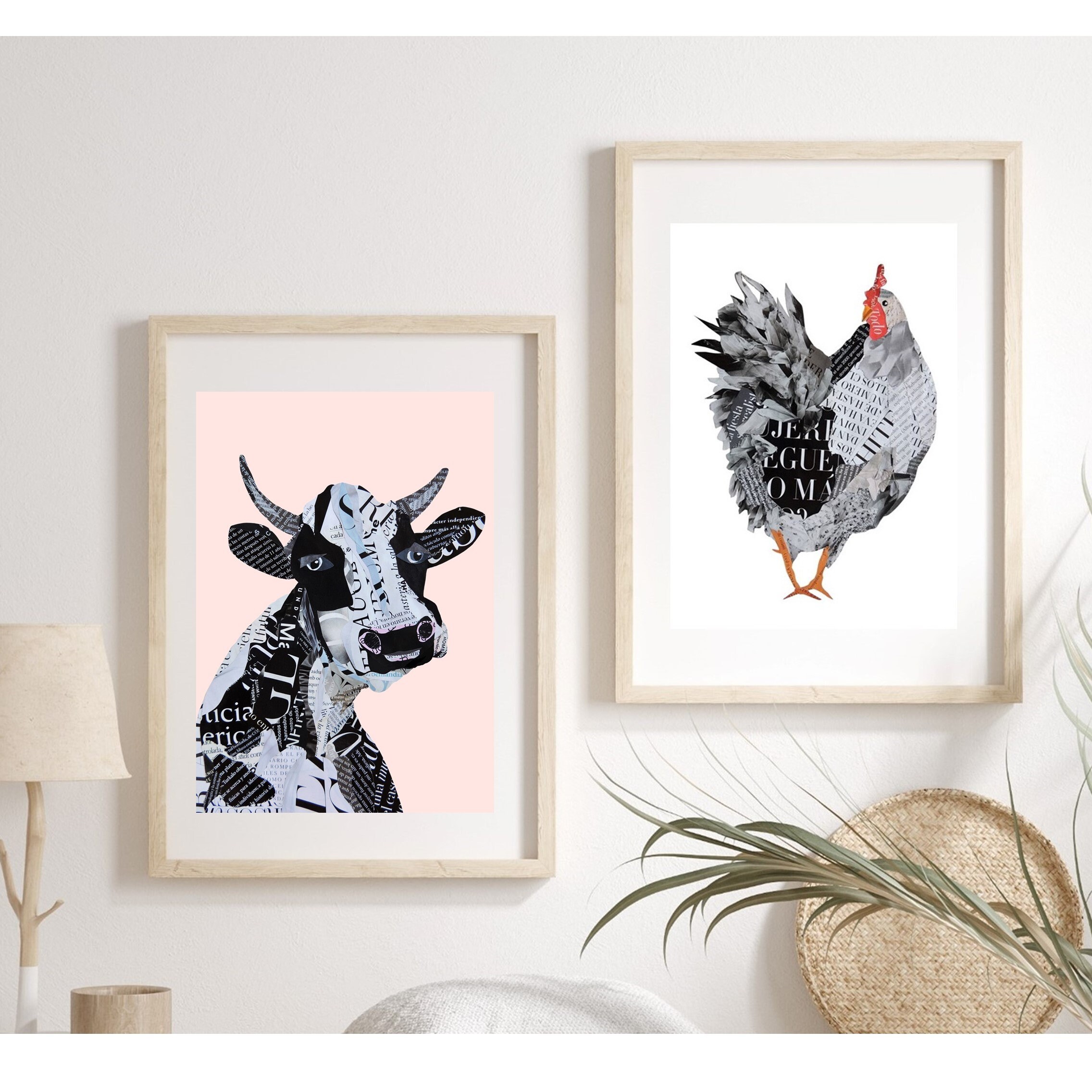 Modern Farmhouse Wall Decor, Cow and Chicken Art Print Set, Farm
