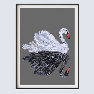 May include: A black and white swan crafted from paper, set against a grey background. The swan is constructed using newspaper clippings, creating a distinctive artwork.