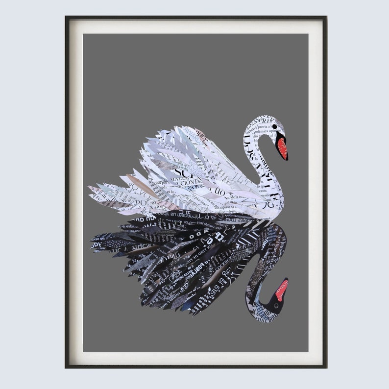 May include: A black and white swan crafted from paper, set against a grey background. The swan is constructed using newspaper clippings, creating a distinctive artwork.
