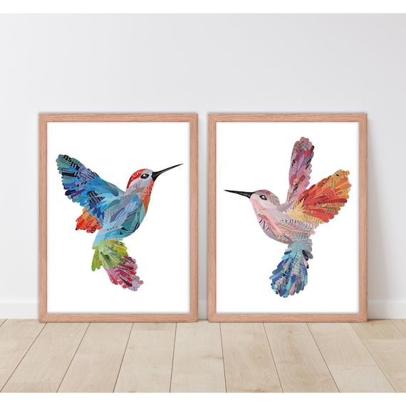 Hummingbird Collage Art Prints, Bright Wall Decor