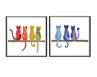Cat Rainbow Collage Art Print Set: Colorful Cat Lover Gift (Digital Download)