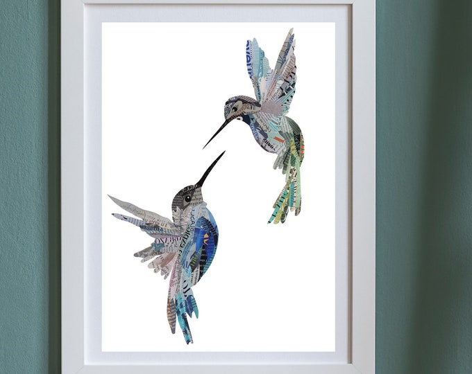 Hummingbird Art Print, Bird Artwork from Original Collage Art, Colibri Wall Art as Hummingbird Gift, Large Wall Art Print