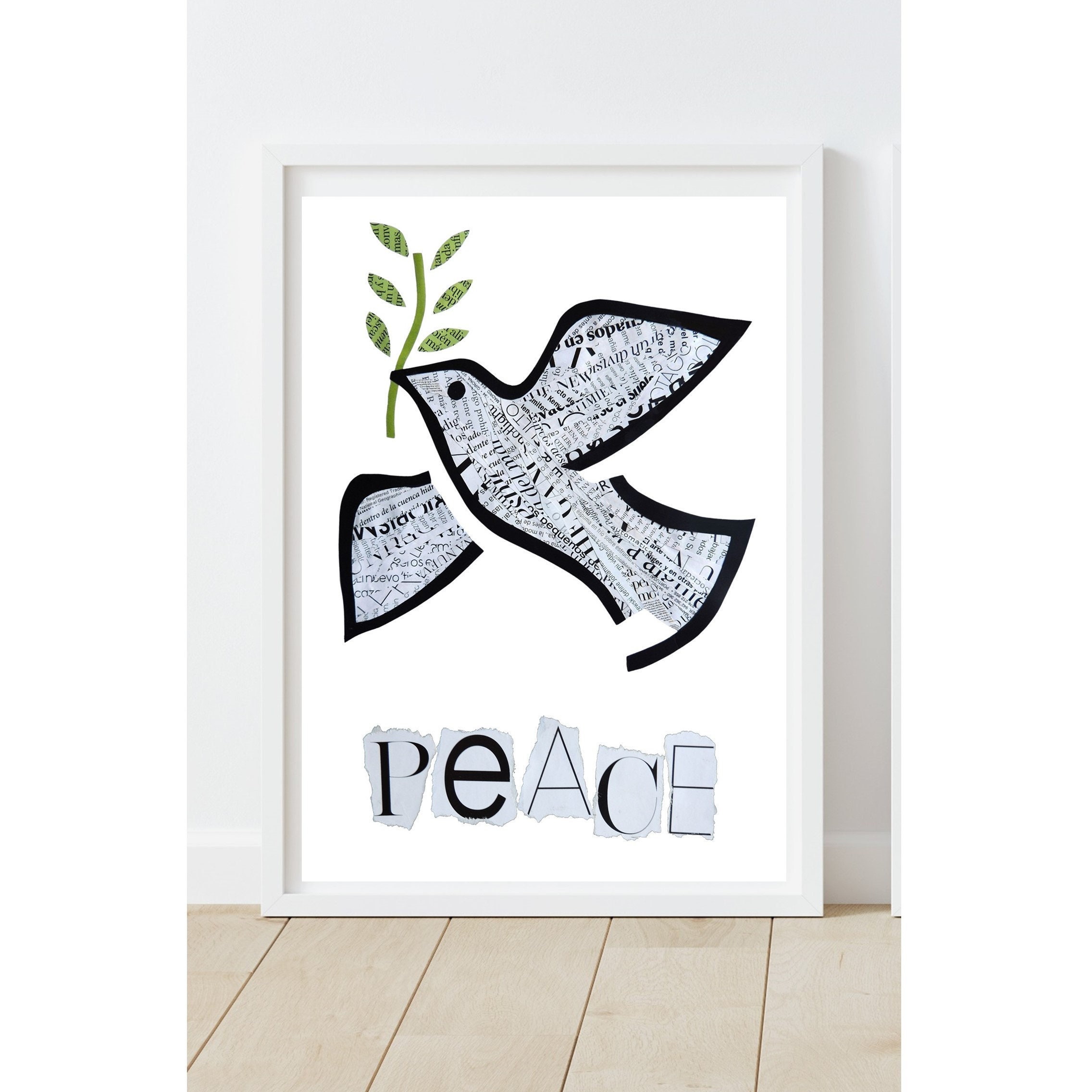 Dove of Peace Art, Newspaper Print, Unique Collage Bird Art, Minimalist Peace Dove with Olive Branch
