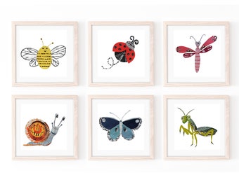 Bug Art Print, Nursery Gallery Wall Art Set of 6, Cute Insect Prints from Original Collage Artwork