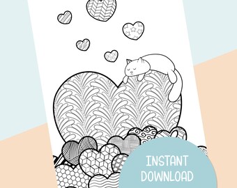 Valentines Cat Coloring Page: Hearts Kawaii Printable (PDF, JPG)