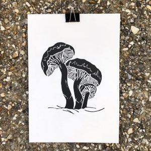 Mushrooms I Lino Print Black - Nature Lino Print - Mushroom Art - Wall Art - Plant Art Print - Lino Art Print - Fungi Lino Art Print Witchy