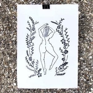 Dancing Goddess Lino Print - A3 Nature Lino Print - Floral Art - Wall Art Plant Art Print -Lino Art Print A4 Lino Art Print Female Form Art