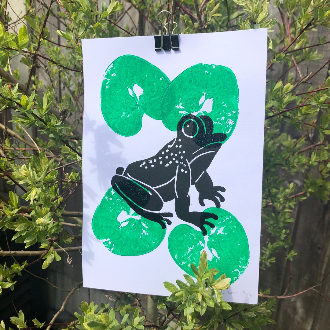 Frog Lino Print A5 Limited Run Art Print Cottagecore Wall Art