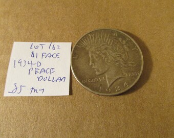 1.00 Face~1934-d Peace Dollar~90% Silver~Exact Coin Shown~.85 Troy Ounce~Free Shipping~Lot 162!