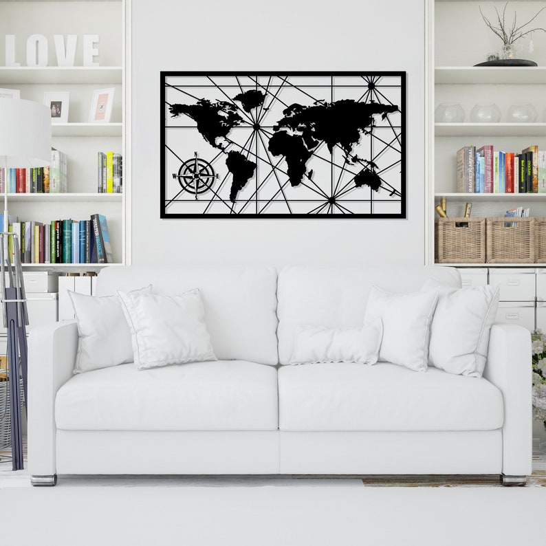 Metal World Map Compass Themed World Metal Wall Decor Wall Etsy