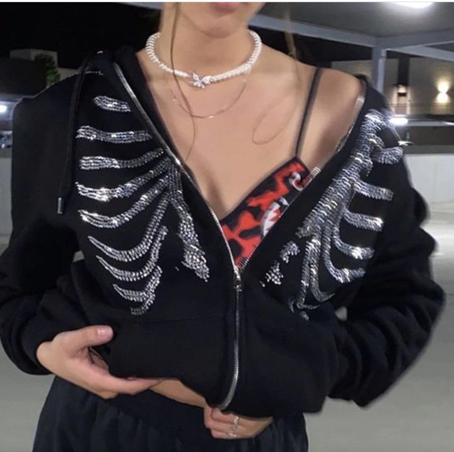 Y2K Skeleton  Oversized Rhinestone Zip Up Hoodie/Y2k Clothing/Y2K Hoo…