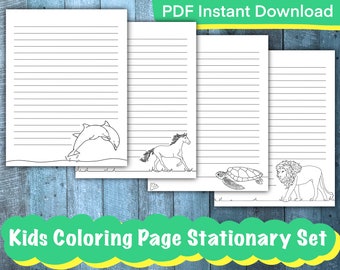 Kids Coloring Page Stationary Set, Lined Paper (PDF)