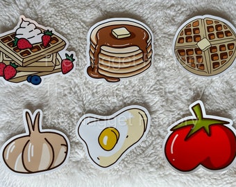 Glossy Breakfast Stickers, Water Resistant Waffle Decals, Vinyl Brunch Sticker Pack, Waffle, Pancake, Onion, Tomato, Egg, Small Gift, Decor