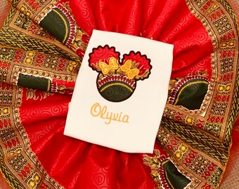 Red African fabric tutu skirt, puff sleeve girls shirt, Dashiki print Afro puff appliqué shirt, Dashiki embroidery shirt, monogram birthday.