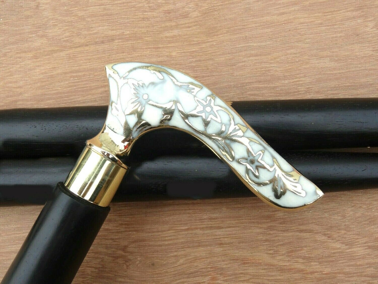Curved Handle Stick Antique Walking Brass Foldable Cane Vintage
