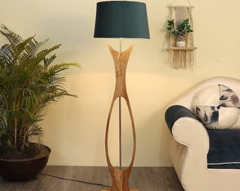 Sagwan Teak wood Floor lamp Grey Velvet Shade Floor lamp with Natural Base