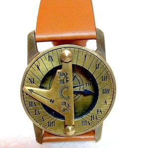 Handmade Brass Compass Sundial Wrist Watch Antique Style Steampunk Wrist Brass Compass Sundial Watch With Leather Strap Sundial Gift image 3