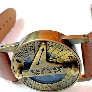Handmade Brass Compass Sundial Wrist Watch Antique Style Steampunk Wrist Brass Compass Sundial Watch With Leather Strap Sundial Gift image 4