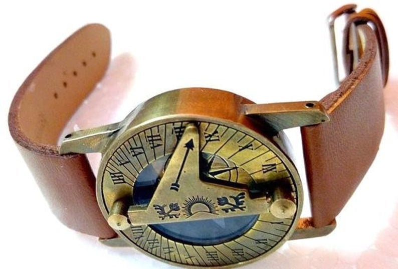 Handmade Brass Compass Sundial Wrist Watch Antique Style Steampunk Wrist Brass Compass Sundial Watch With Leather Strap Sundial Gift image 4