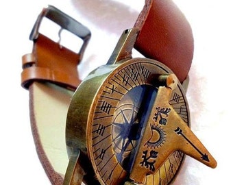 Handmade Brass Compass Sundial Wrist Watch - Antique Style Steampunk Wrist Brass Compass Sundial Watch With Leather Strap Sundial Gift