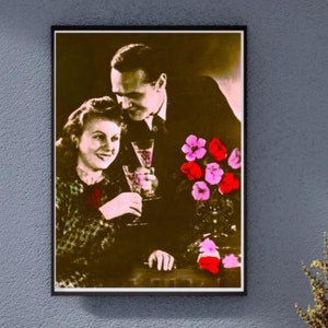 Echte ansichtkaart sepia van liefdespaar jaren 1950 romantische vintage foto's kaart kunst aan de muur handgekleurde kaart/tags/illustraties/scrapbooking/dagboekpagina's