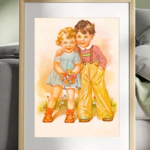 Postcard of Charming kids with Flowers Vintage 1950s Postcard of Kids Illustration of cute kids Cabinet Card of Kids gift Printable Art
