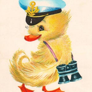 Cartolina di Pasqua d'epoca Capitano anatra Illustrazione d'epoca sovietica di anatra Carta anni '80 Animali Stampa Tag/Clip Art/Scrapbooking/Pagine di diario