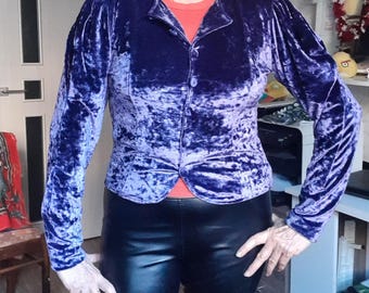 Camicetta vintage in velluto lilla, blazer corto aderente da donna, giacca boho taglia S-M