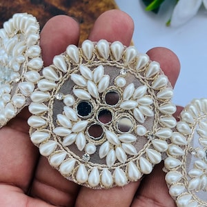 Mirror Pearl Embellished Lace Trim – 1 Yard | Bridal Wedding Dress Lace | Saree Border | DIY Sewing, Curtains, Craft Supplies