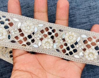 Gold Mirror Pearl Floral Lace Trim Bridal Embellished Border for Gown Saree, 1 Yard