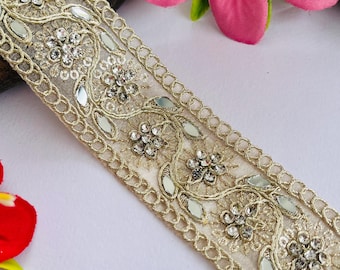 Golden Mirror Work Zircon Lace Trim | Bridal Lehenga Saree Border, 1 Yard