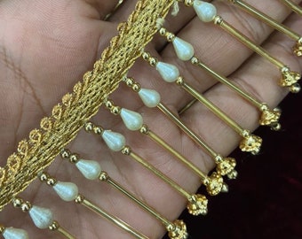 Indian Gold Beaded Tassel Lace Trim, Gold Tassel Trim, Gold Lace, Beaded Trims, Beaded Tassel Trims, Golden Lace Trims, Beading Fringe