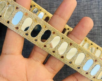 Handcrafted Gold Mirror Work Lace – Cutwork Sewing Embellished Trim, 1 Yard