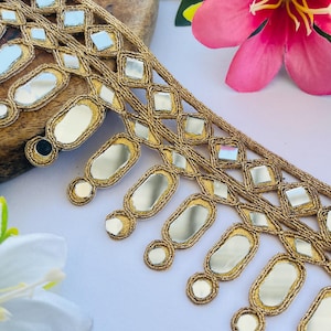 Exquisite Dark Gold Mirror Work Trim by the Yard – Elegant Cutwork Lace Border for Sarees, Bridal Wear, Home Decor & DIY Projects