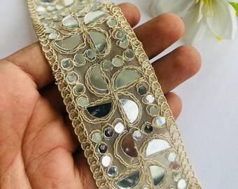 Handcrafted Mirror Zari Lace – Elegant Embroidery Ribbon, 1 Yard