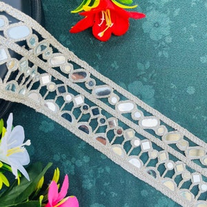 Silvar simmetrico specchio Cutwork Trim, glamour Sari trim, bordo decorazione cucito fai da te tagliato a misura 2,9 pollici di larghezza