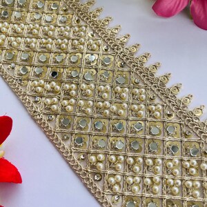 1 metro di pizzo a quadri dorati effetto specchio perlato – Bordo per sari da sposa, abito da sposa fai da te, artigianato, abbellimento