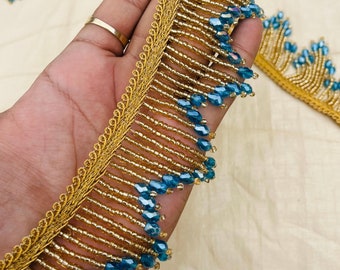 Gold Crystal Beaded Fringe Trim Luxury Lace for Sarees, Wedding Dresses, Curtains, DIY Sewing & Crafts