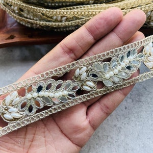 Mirror Zircon Embellished Flower Lace – 1 Yard Wedding Dress, Lehenga & Decor Border Trim